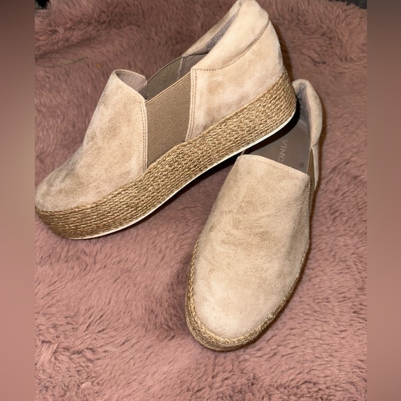 Vince women’s tan suede espadrille platform flat shoe 5.5 boho vacation fall